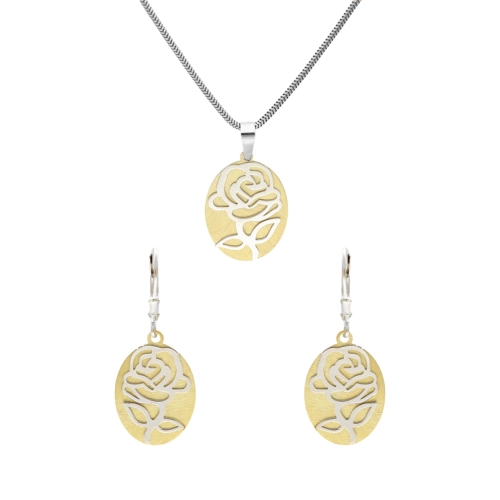 Komplet owalny srebrna róża srebro pozłacane