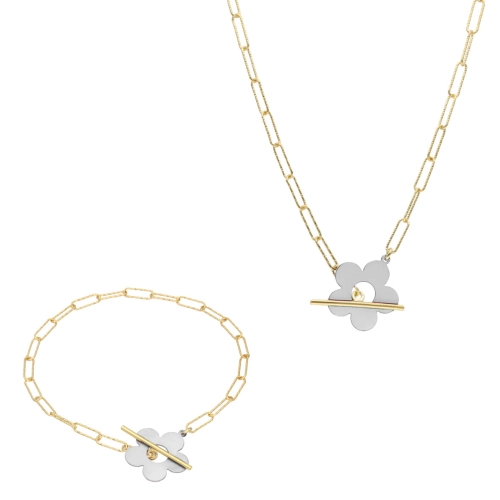 Komplet spinacze kwiat tytan srebro pozłacane