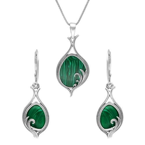 Komplet z malachitem srebro oksydowane