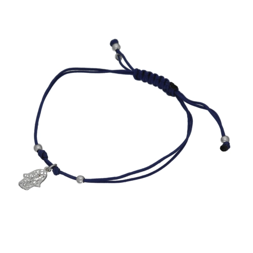 Bransoletka sznurkowa Ręka Fatimy granatowa srebro