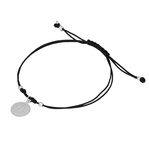 Bransoletka sznurkowa moneta czarna srebro
