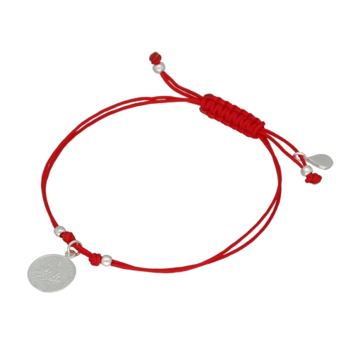 Bransoletka sznurkowa moneta czerwona srebro
