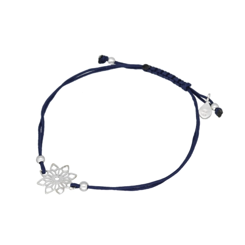 Bransoletka sznurkowa kwiatek granatowa srebro