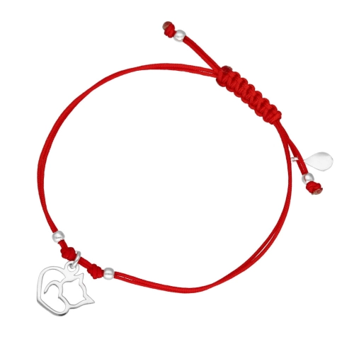 Bransoletka sznurkowa kot czerwona srebro
