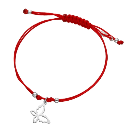 Bransoletka sznurkowa motyl czerwona srebro