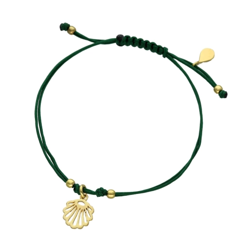 Bransoletka sznurkowa muszelka zielona srebro pozłacane