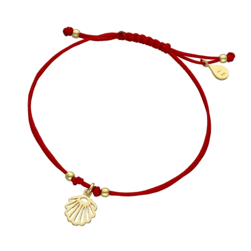 Bransoletka sznurkowa muszelka czerwona srebro pozłacane