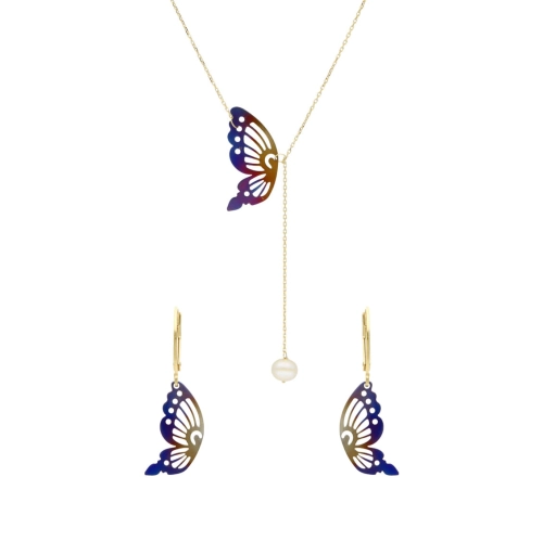 Komplet motyle ażurowe tytan srebro pozłacane