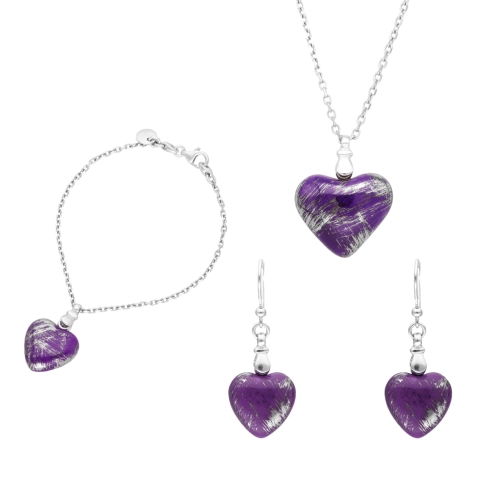 Komplet fioletowe serca ręcznie malowane srebro