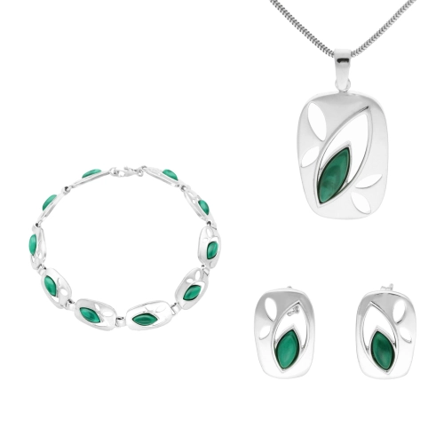 Komplet z malachitem prostokąty srebro