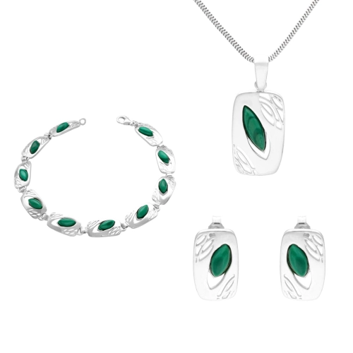 Komplet z malachitem prostokąty srebro