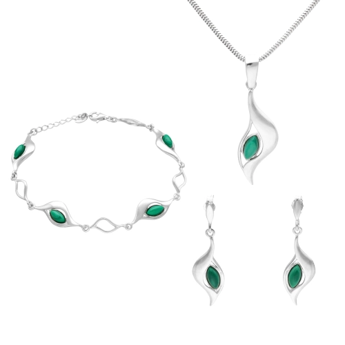 Komplet z malachitem łezki srebro