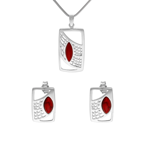 Komplet z koralem prostokąt srebro