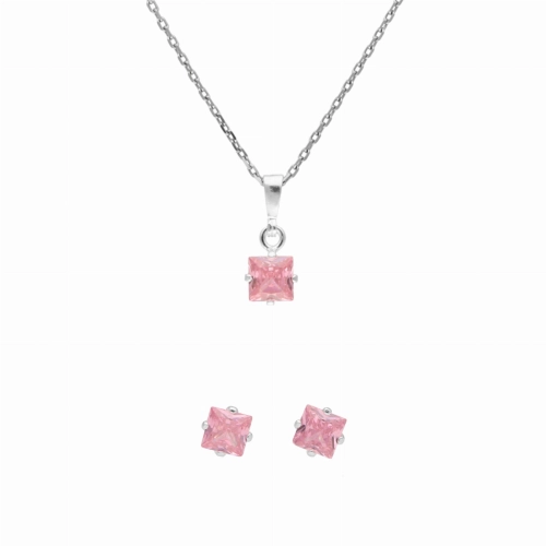 Komplet z różowymi cyrkoniami kwadraty srebro