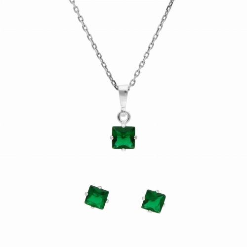 Komplet ze szmaragdowymi cyrkoniami kwadrat srebro