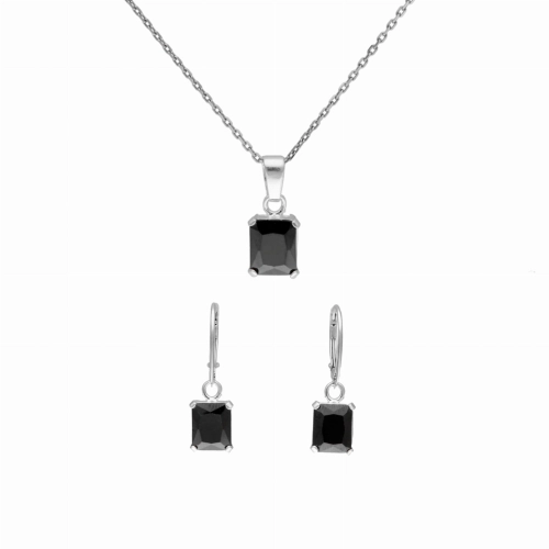 Komplet z czarnymi cyrkoniami prostokątny srebro