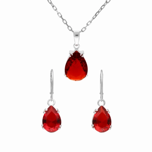 Komplet z rubinowymi cyrkoniami łezki srebro