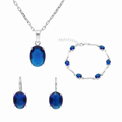 Komplet z szafirowymi cyrkoniami owalny srebro