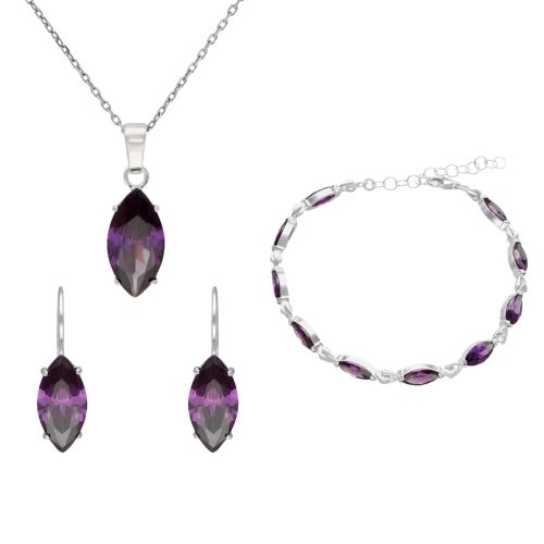Komplet z fioletowymi cyrkoniami łezki srebro