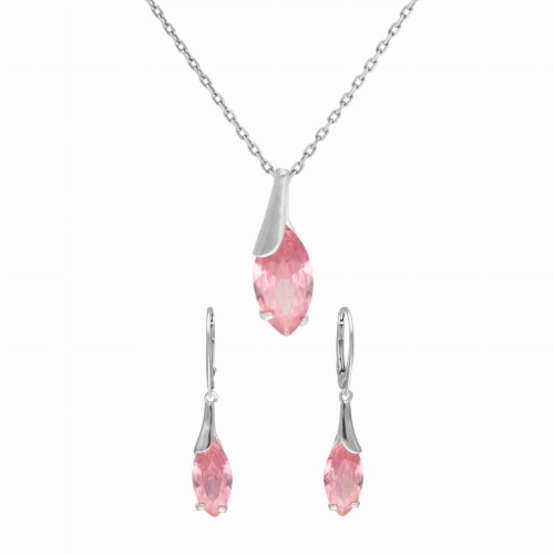 Komplet z różowymi cyrkoniami łezka srebro