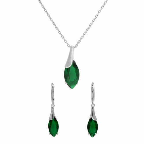 Komplet ze szmaragdowymi cyrkoniami łezka srebro