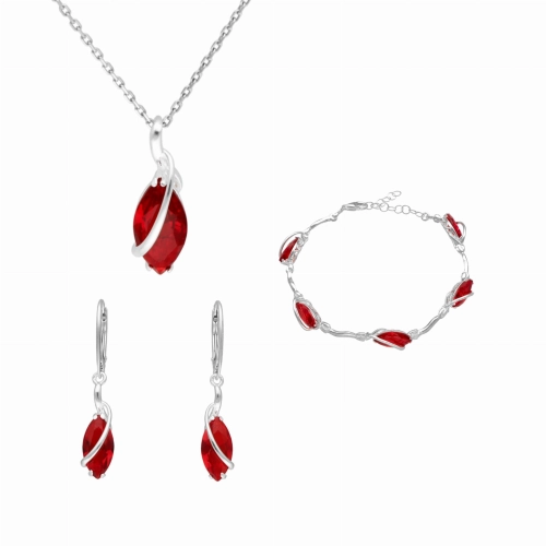 Komplet z rubinowymi cyrkoniami łezki srebro