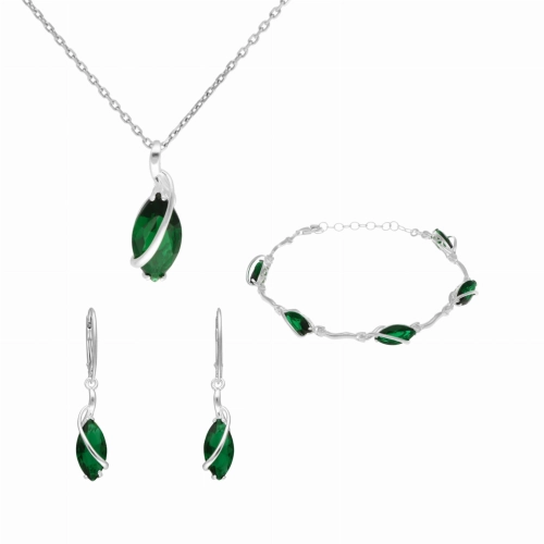 Komplet ze szmaragdowymi cyrkoniami łezki srebro