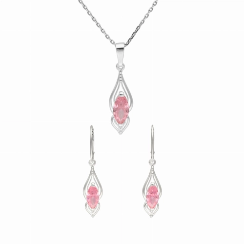 Komplet z różowymi cyrkoniami łezki srebro