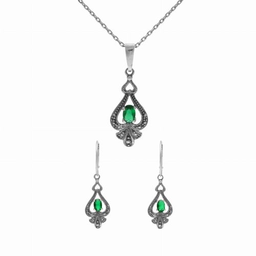 Komplet ze szmaragdowymi cyrkoniami srebro oksydowane