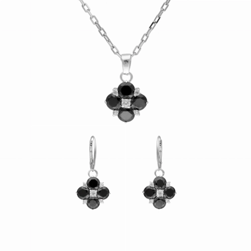 Komplet z czarnymi cyrkoniami koniczynka srebro