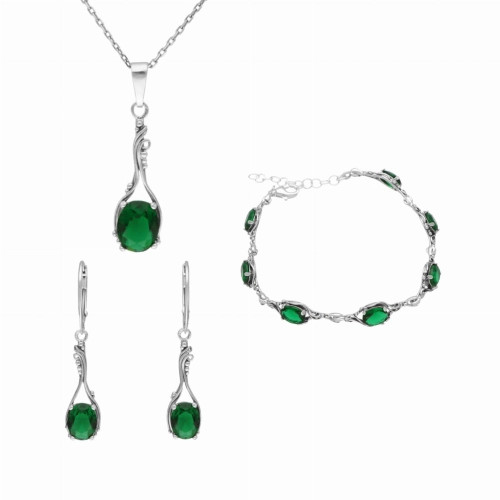 Komplet ze szmaragdowymi cyrkoniami retro srebro