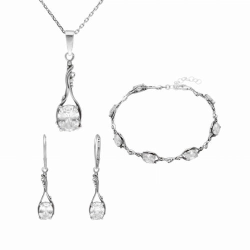 Komplet z białymi cyrkoniami retro srebro