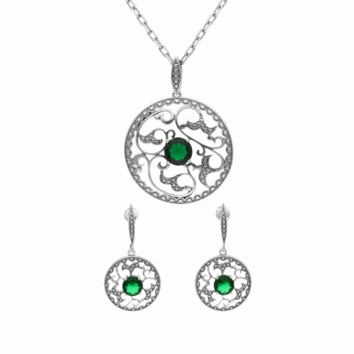 Komplet ze szmaragdowymi cyrkoniami retro srebro