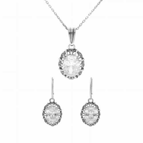 Komplet owalny z białą cyrkonią srebro oksydowane