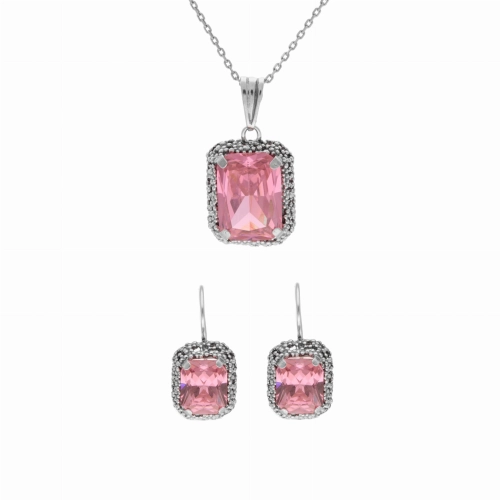 Komplet prostokątny z różową cyrkonią srebro
