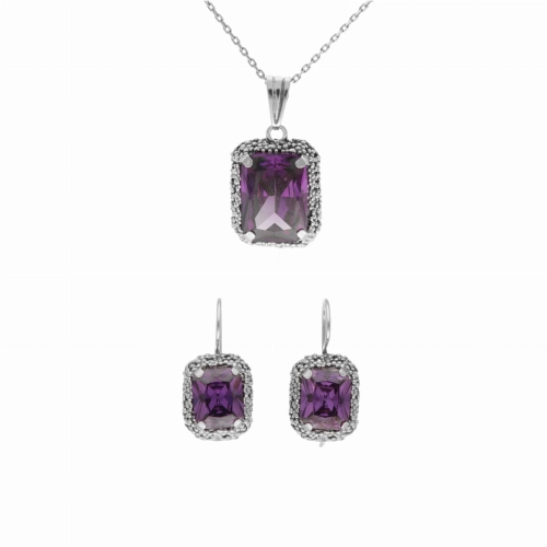 Komplet prostokątny z fioletową cyrkonią srebro