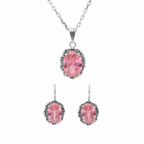 Komplet z różowymi cyrkoniami srebro oksydowane