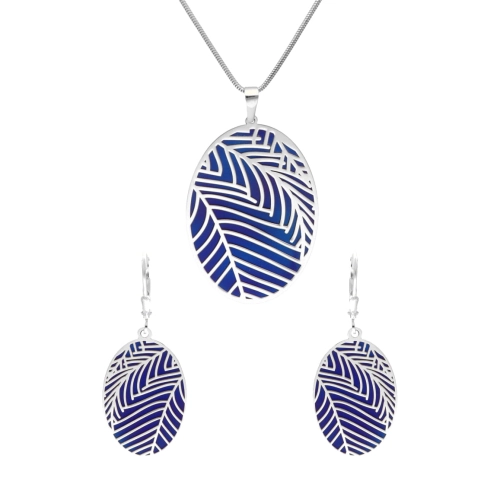 Komplet owalny z motywem roślinnym tytan srebro rodowane