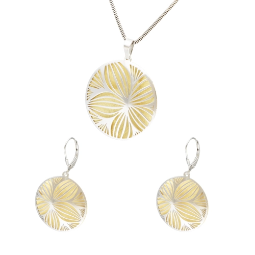 Komplet okrągły z kwiatem srebro pozłacane rodowane