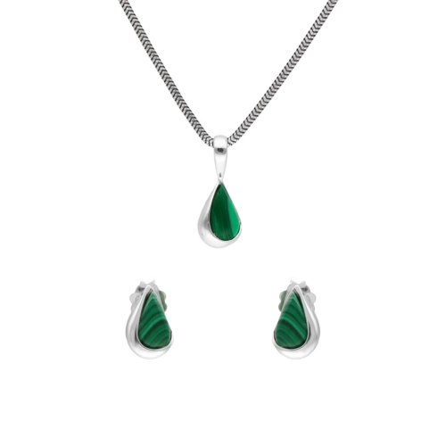 Komplet łezki z malachitem srebro