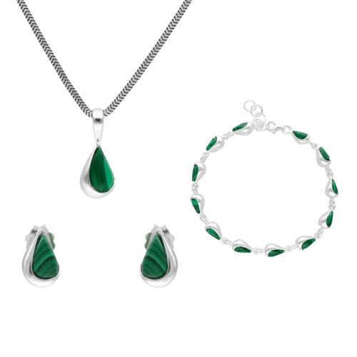 Komplet łezki z malachitem srebro