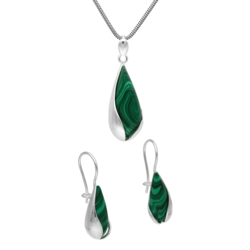 Komplet łezki z malachitem srebro
