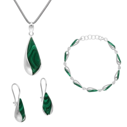 Komplet łezki z malachitem srebro