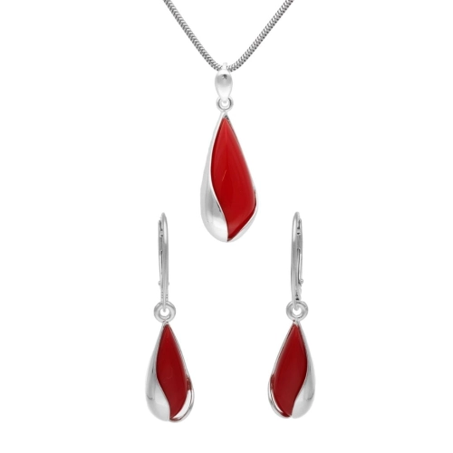 Komplet łezki z koralem srebro