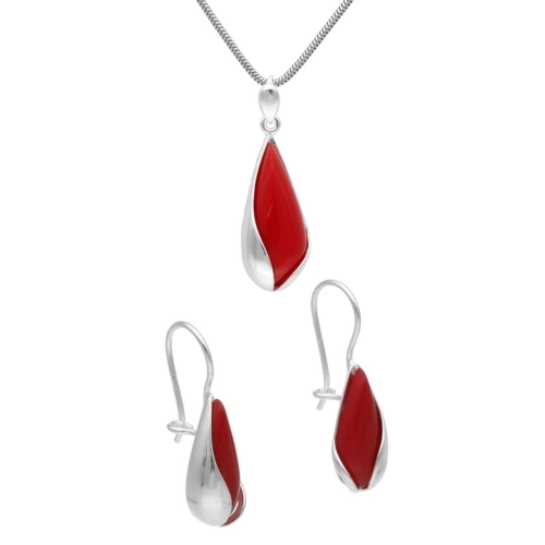 Komplet łezki z koralem srebro