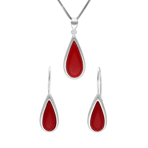 Komplet łezki z koralem srebro