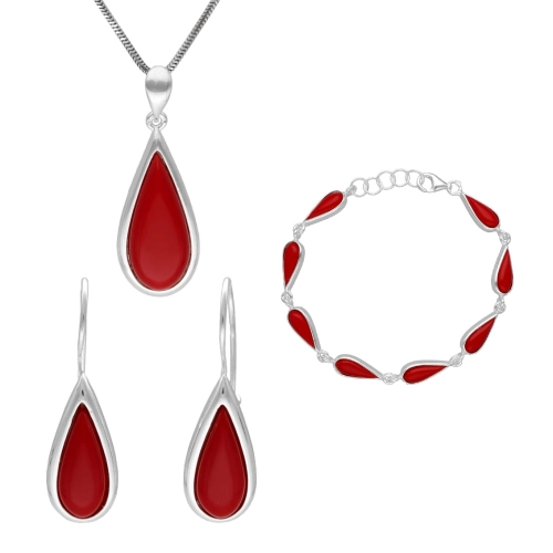 Komplet łezki z koralem srebro