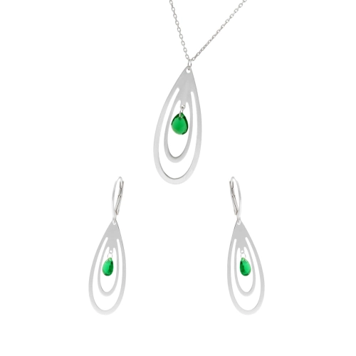 Komplet srebrny łezki z zielonymi cyrkoniami