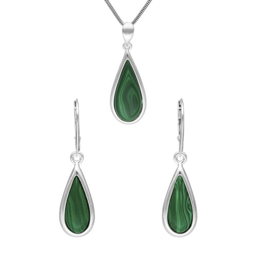 Komplet łezki z malachitem srebro