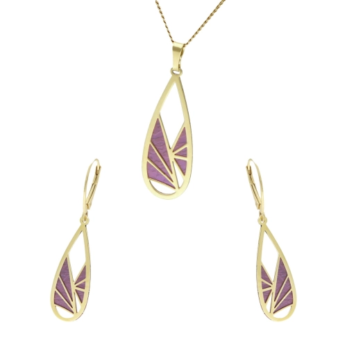 Komplet srebrny z fioletowym tytanem łezki pozłacany
